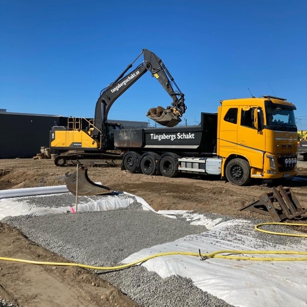 Grävmaskin vid en husgrund.